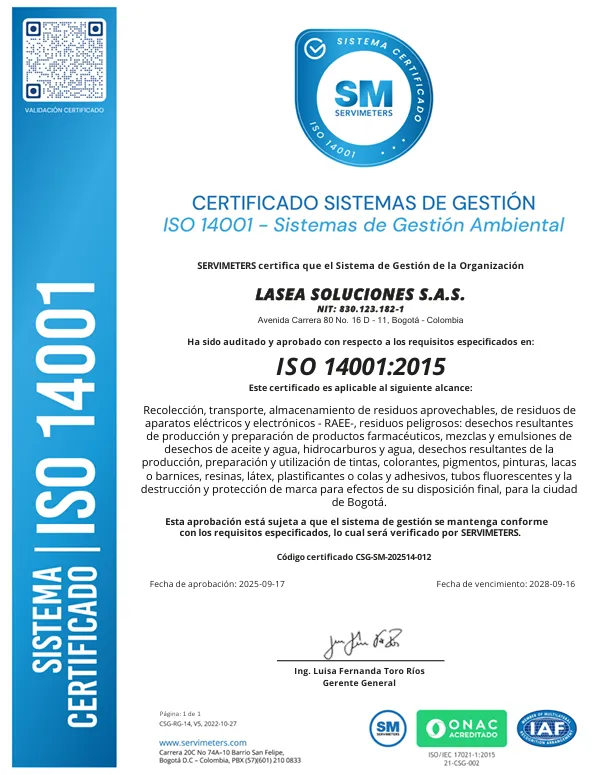 Certificado del sistema de gestión de LASEA Soluciones SAS, ISO 14001