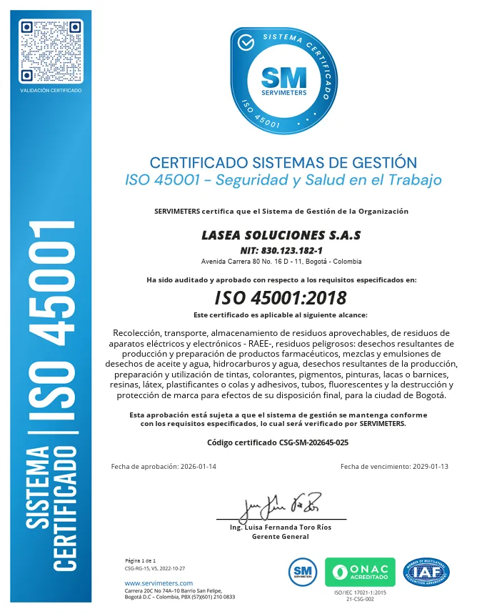 Certificado del sistema de gestión de LASEA Soluciones SAS, ISO 45001