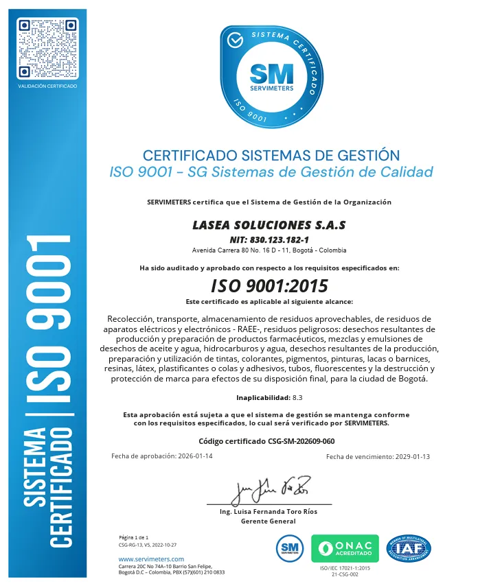 Certificado del sistema de gestión de LASEA Soluciones SAS, ISO 9001