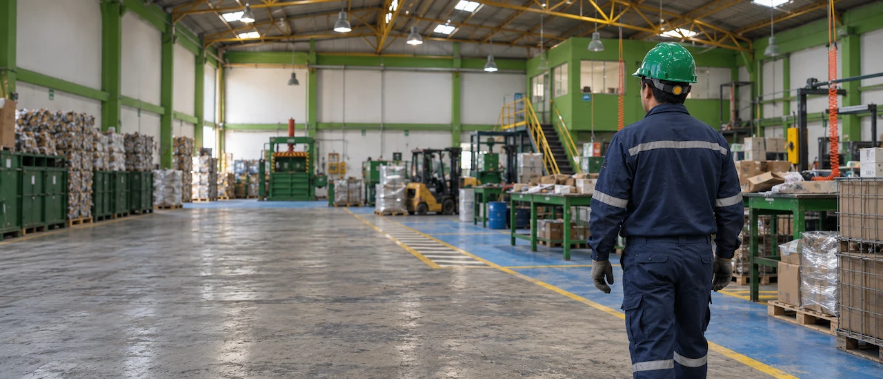 Escena ilustrativa de gestión de residuos en un entorno industrial